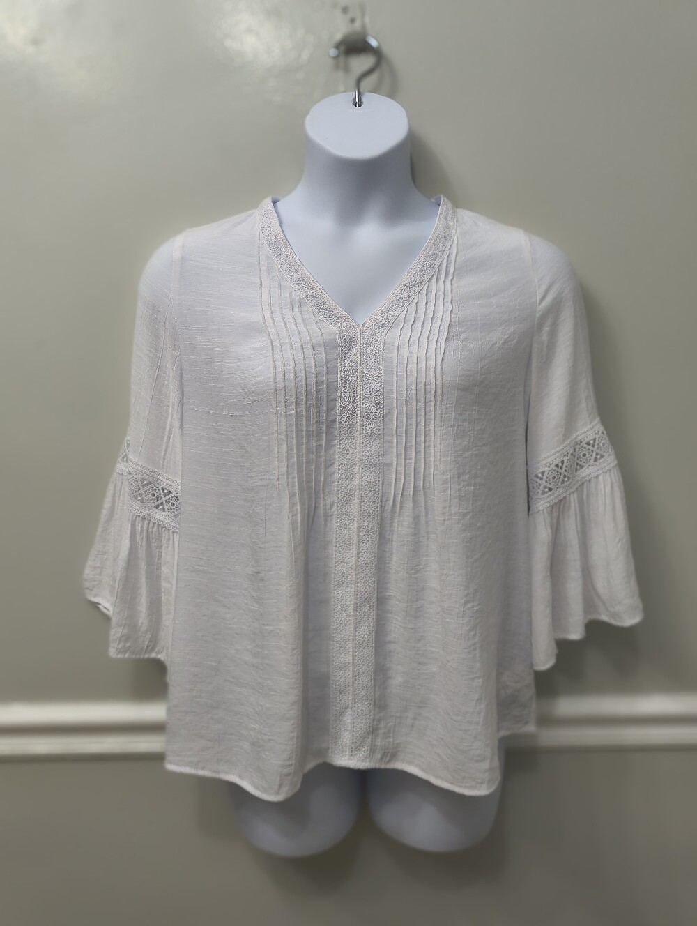 Counterparts White Boho Lace Peasant Bell Sleeve Pintuck Blouse M Cottage Core